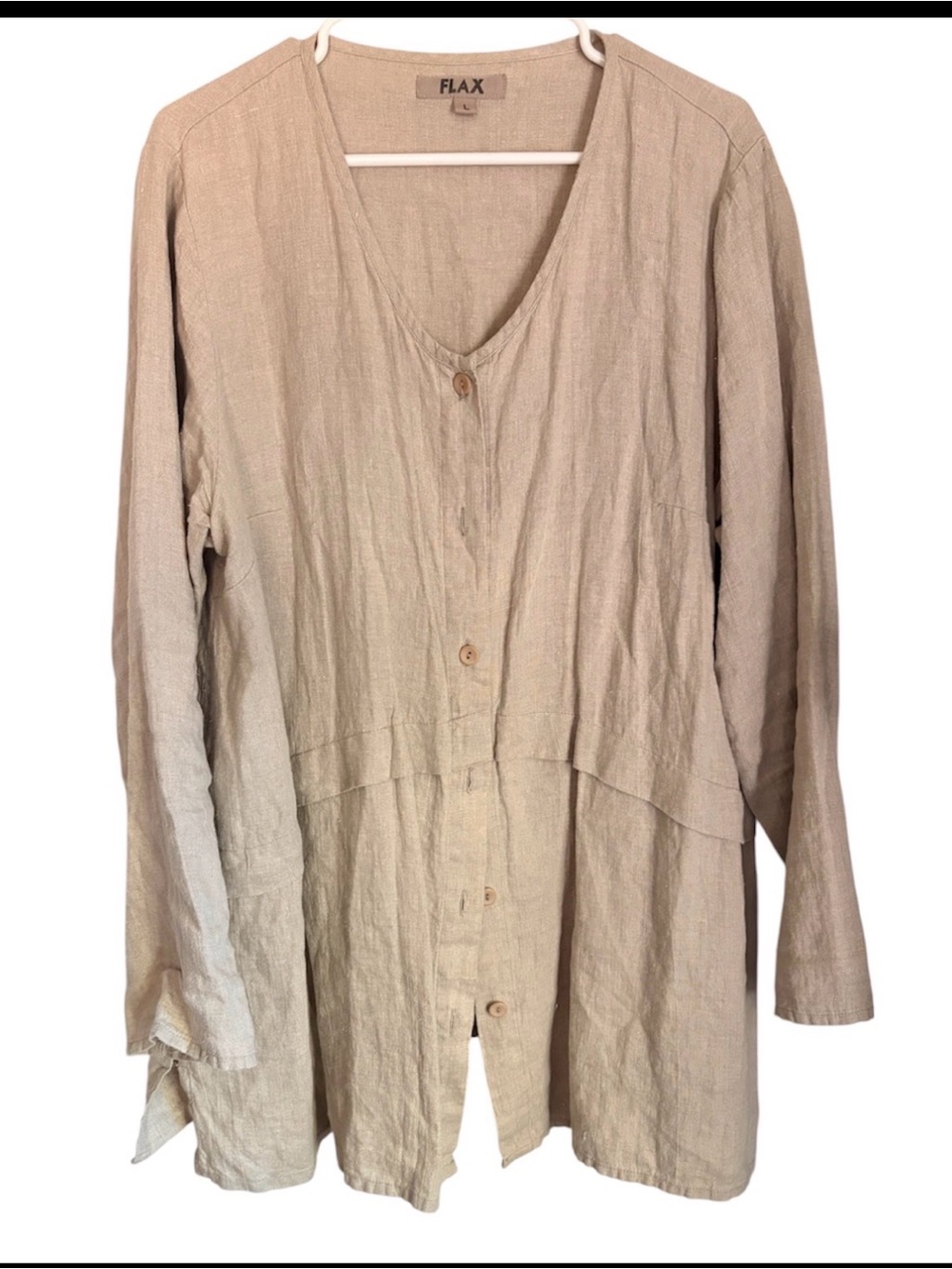 Flax Women’s Linen Beige Tunic Button Up Lagenlook Top Relaxed Fit Size L